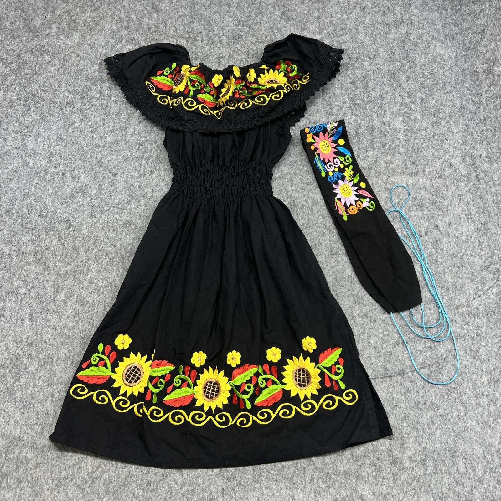 Mexican Embroidered Sunflower Dress Womens Large Off Shoulder Belt Folk Boho